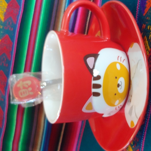 ๐ Kitty Cup & Saucer with Spoon, Red with Koi and Lotus design on Saucer - Picture 3 of 12